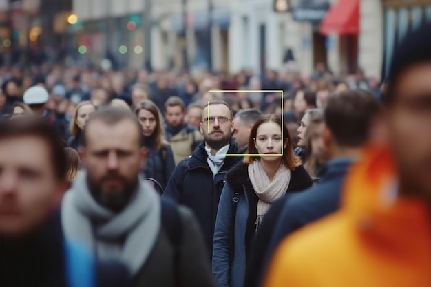 In a crowd facial recognition technology identifies the face of a people authentication by face