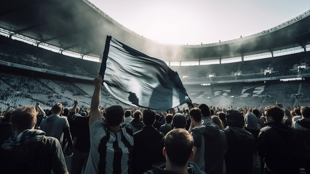 A crowd of fans in a stadium with a white flag that says'i love you '