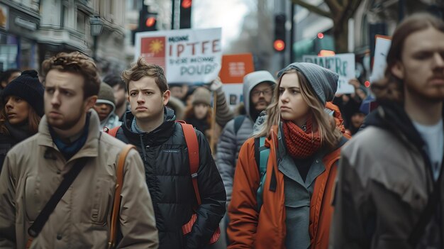 Crowd of focused people marching in a city protest demonstrators display banners urban activism scene captured in a realistic style AI