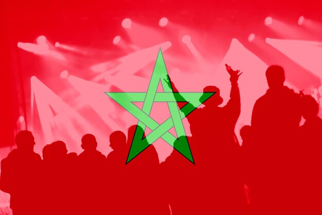 Crowd of football soccer fans with raised arms with blending morocco flag