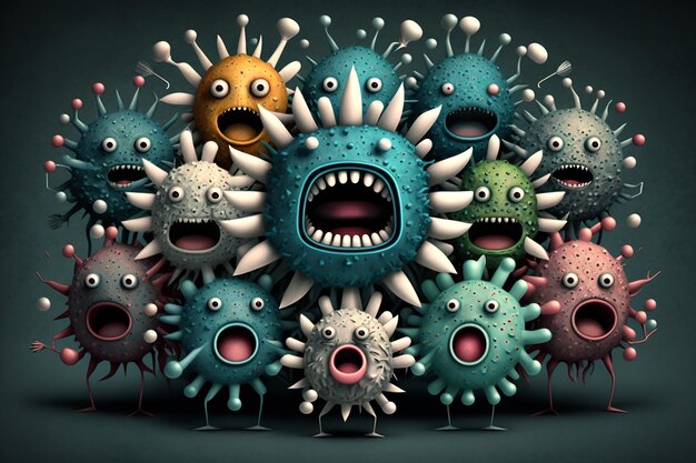 Crowd of funny multicolored virus character with angry faces Generative AI