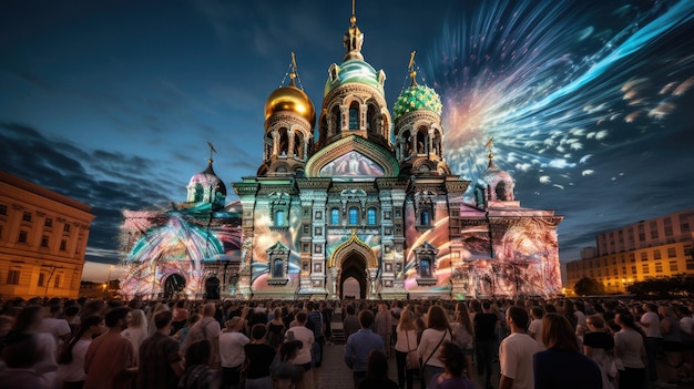 a crowd gathers in front of a church with fireworks in the background.