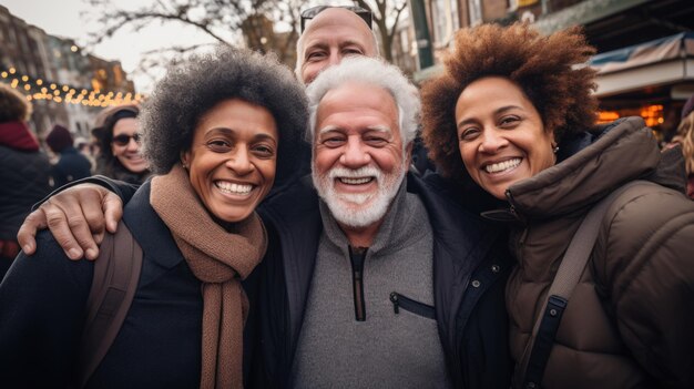 Photo crowd of generations hugging each other outdoors