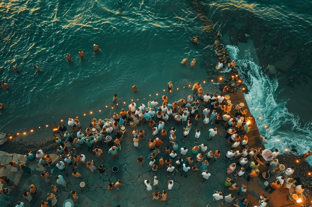 Photo crowd of happy people at the seaside at the party