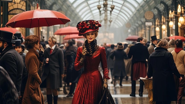 a crowd at a holiday shopping mall in the style of depictions of inclement weather