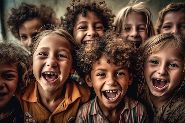 Crowd of laughing children on a summer day is heartwarming and represents the pure joy and carefree spirit of childhood different races Generative AI