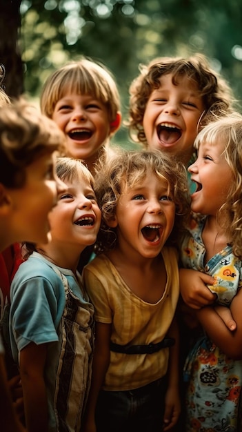 Толпа смеющихся детей в летний день трогательна и олицетворяет чистую радость и беззаботный дух детства Генеративный ИИ