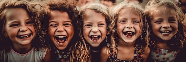 Photo crowd of laughing children on a summer day is heartwarming and represents the pure joy and carefree spirit of childhood generative ai