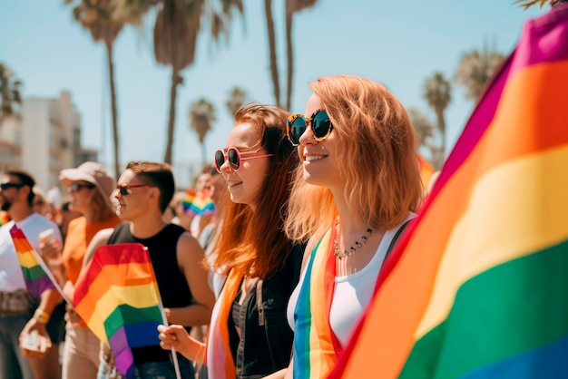 Толпа ЛГБТ-девочек с красочными флагами на параде гордости генеративный ИИ