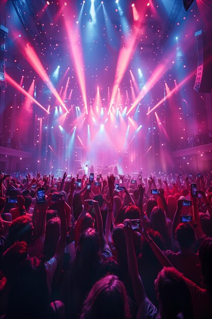 Crowd at Live Event Concert or Party Raises Hands and Smartphones in Unison