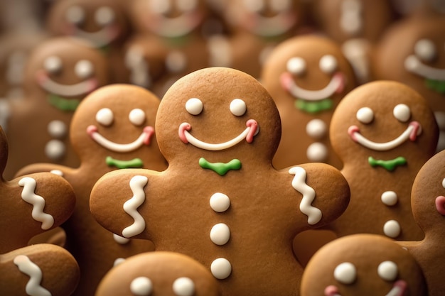 Crowd of many xmas cookies gingerbread decorated faces from glaze Generative AI