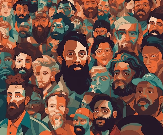 crowd of mixed race people with beards and different facial colors