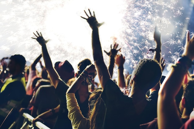 crowd at music concert against sky at night