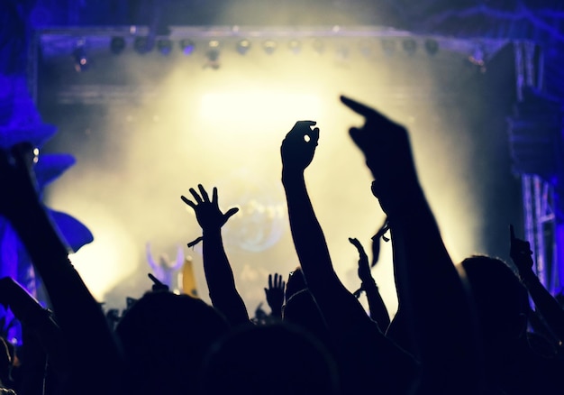 Crowd at a music concert audience raising hands up