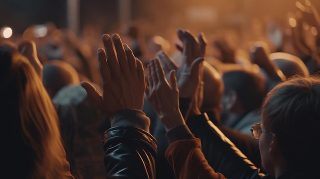 Crowd at a music festival with raised hands in front of the stage Generative Ai