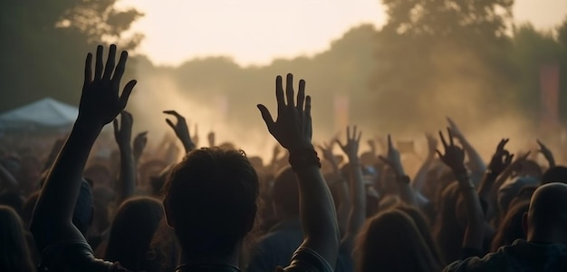 Crowd at a music festival with raised hands in front of the stage Generative Ai