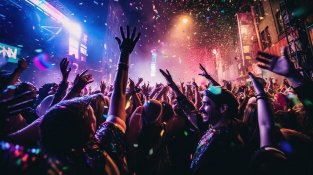 Crowd in new york street waving hands to celebrate happy new year