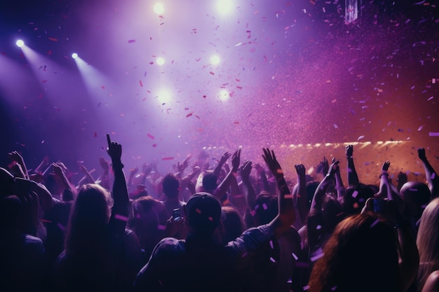 The crowd in the nightclub applauds lights and confetti fall on the stage