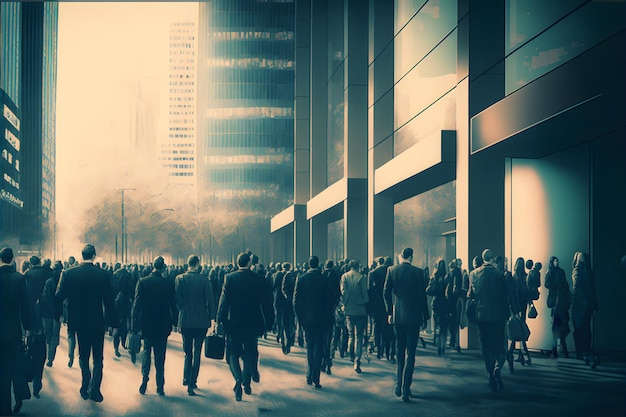 Crowd of office people in city downtown district walking to their work at summer morning neural network generated art