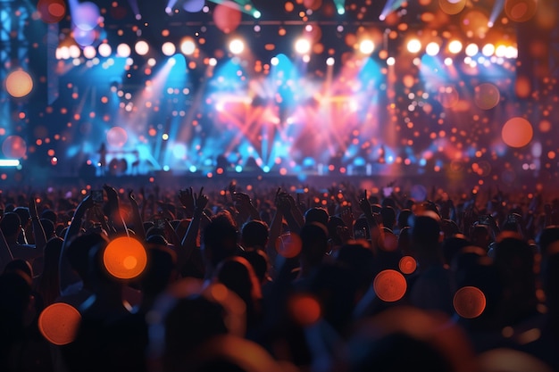 crowd partying stage lights live concert summer music festival realistic image