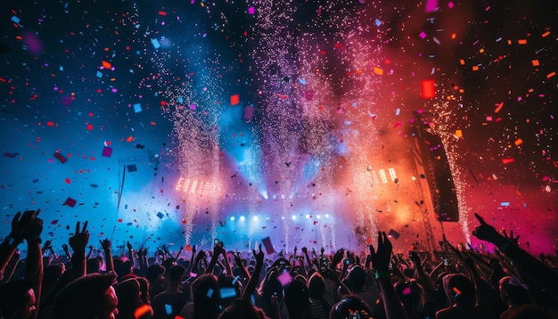 A crowd of people are celebrating with confetti falling from the ceiling by ai generated image