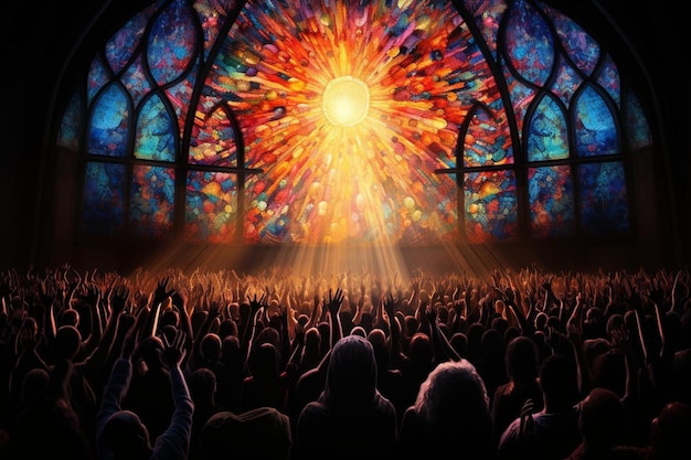 Foto una folla di persone sta applaudendo davanti a un grande dipinto di un sole su un palco.