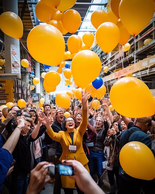Foto una folla di persone esulta con palloncini che dicono 