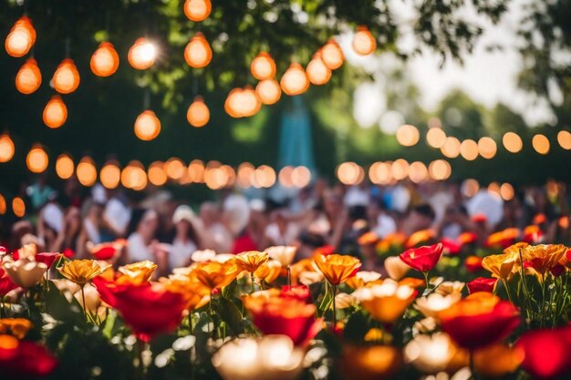 a crowd of people are gathered around a table with many lights