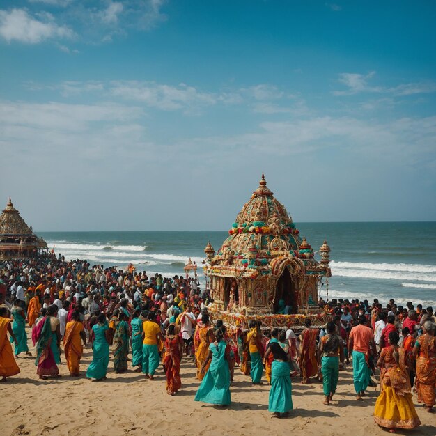 Photo a crowd of people are gathered on the beach including one of the temples