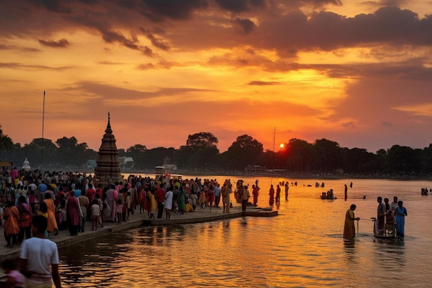 Photo a crowd of people are gathered on a bridge at sunset