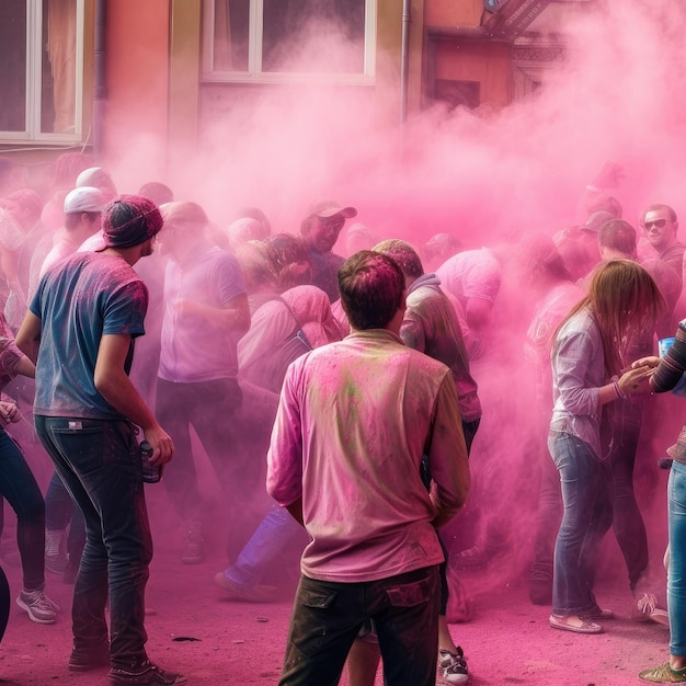 A crowd of people are gathered in a circle with pink powder on them.
