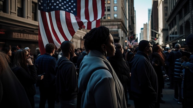 A crowd of people are gathered in a city street with an american flag in the background.