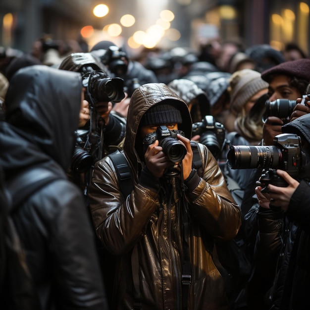 Foto una folla di persone si è radunata davanti a un edificio con telecamere.