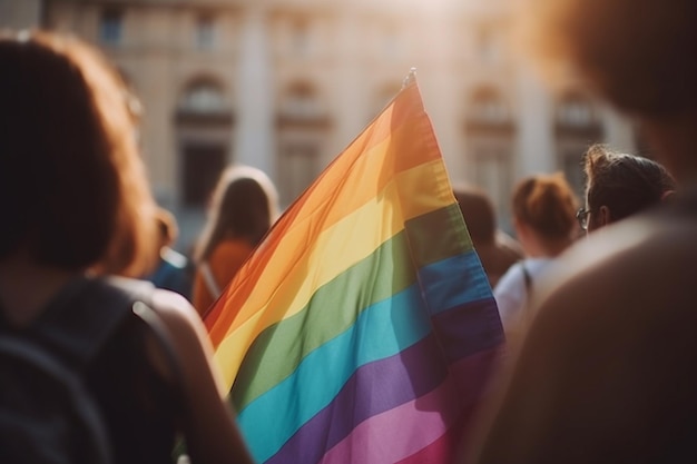 A crowd of people are gathered in front of a building with a rainbow flag in the foreground.