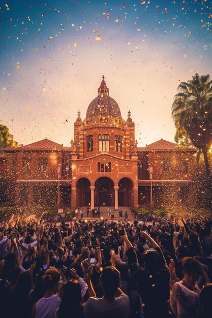 Photo a crowd of people are gathered in front of a building with a star on it