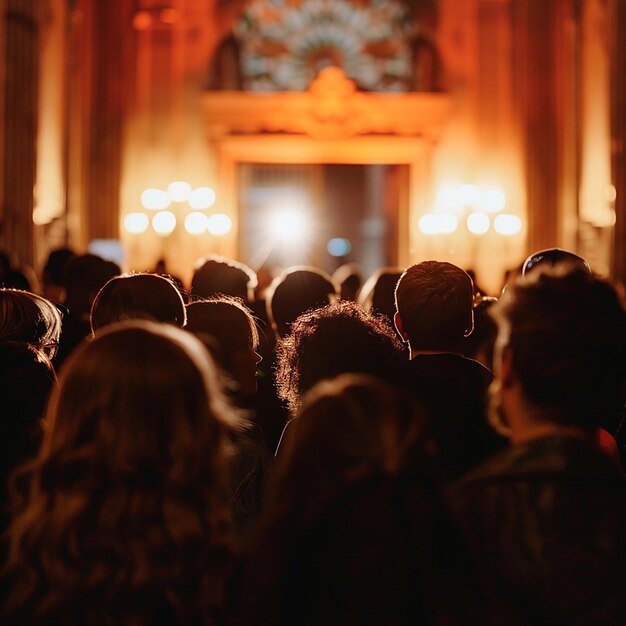 a crowd of people are gathered in front of a large organ