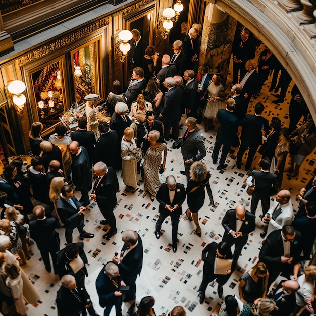 a crowd of people are gathered in a lobby of a building