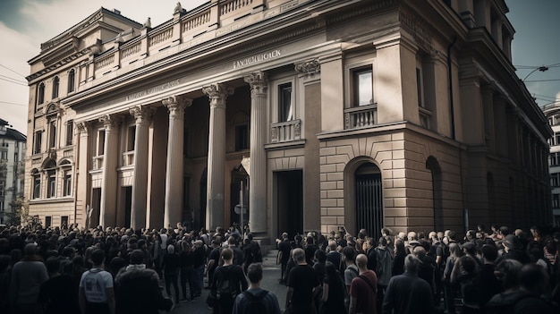 A crowd of people are gathered outside the building.