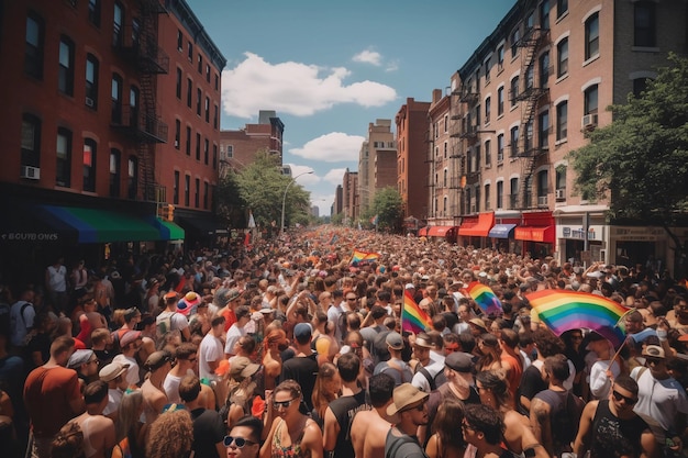 A crowd of people are gathered in the street with a rainbow flag on the top.