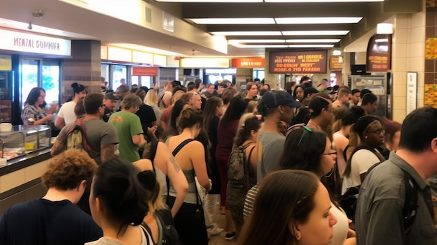 A crowd of people are lined up in a line at the new york times square.