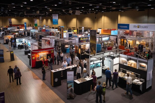 A crowd of people are looking at a display of products.