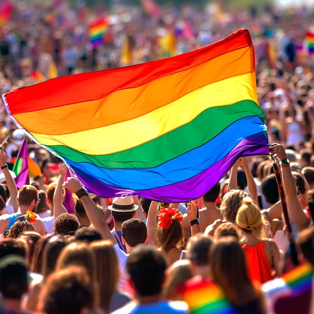 A crowd of people are at a pride parade.