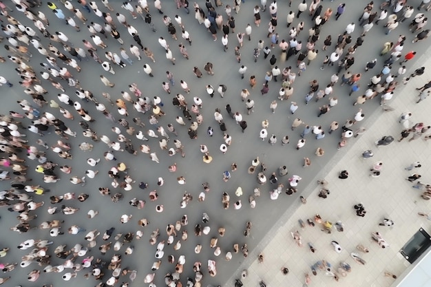 A crowd of people are seen from above, with the word'al'on the top left.