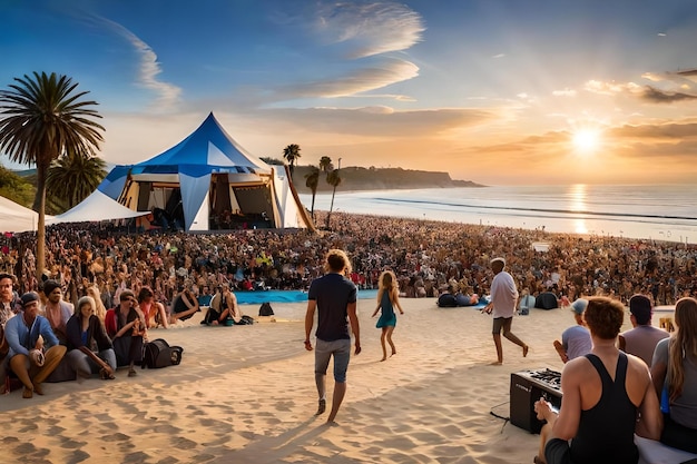 Photo a crowd of people are sitting on a beach and one of them is watching the sunset.