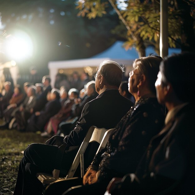 a crowd of people are sitting on a bench and one is wearing a jacket