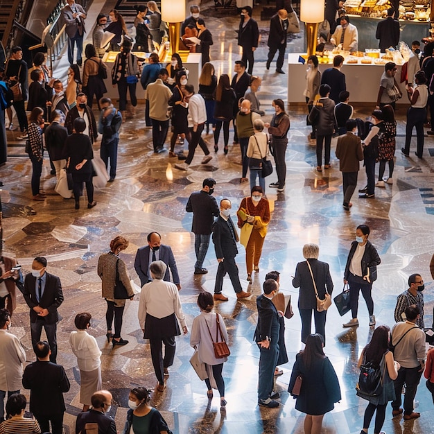 a crowd of people are standing around in a building