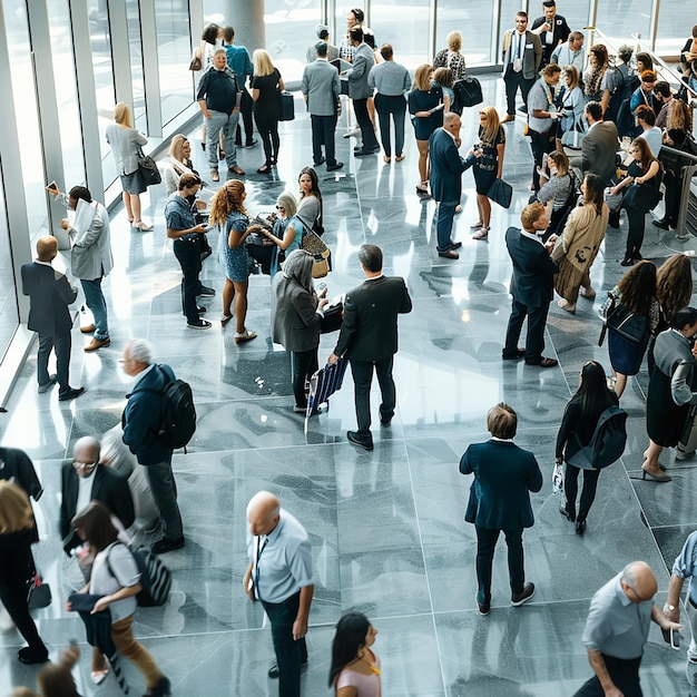 a crowd of people are standing around a room with a large column that says  the word  on it