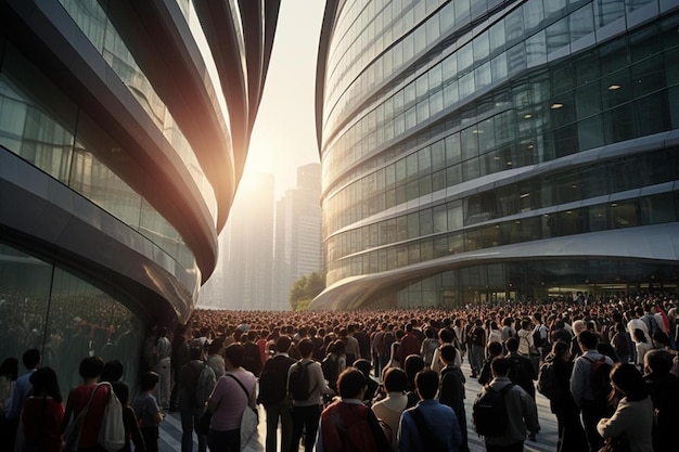 a crowd of people are standing in front of a building with the sun shining on the building