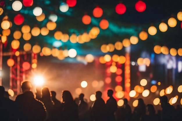 a crowd of people are standing in front of a colorful lights