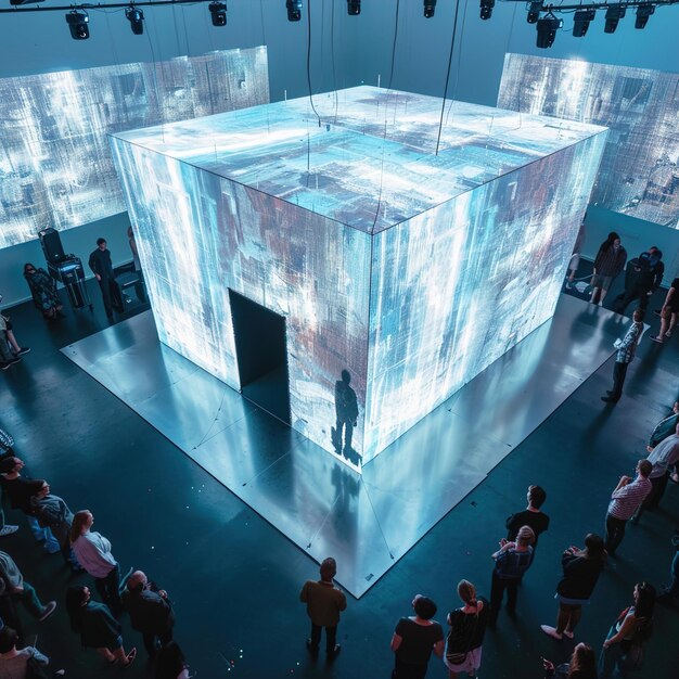 Photo a crowd of people are standing in front of a large cube
